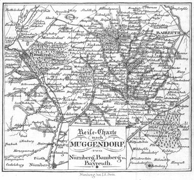 Kaart van Muggendorf naar Neurenberg, Bamberg en Bayreuth door Nürnberg Verlag J. A. Stein